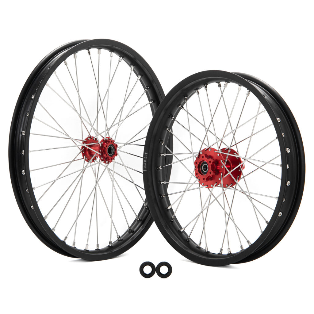 Custom Wheels for Surron Light Bee X and Segway X260 – 1.6 X 21 / 2.15 X 18 (Black Rim , RED Hub)